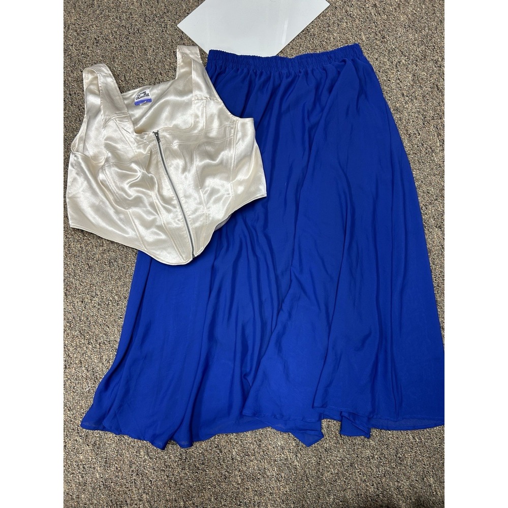 Vintage Top/Skirt Set 1X Blue Chiffon Maxi Cream Corset Zip Top Holiday Prom